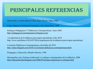 Motivación y Creatividad en Clase, Kaye Thorne, Mayo 2008
Como Mejorar la Institución Educativa, Jose María Ruíz, 1998
Enfoques Pedagógicos Y Didácticas Contemporáneas. Junio 2009
http://pedagogicoscontemporaneos.blogspot.com/
La importancia de la didáctica para lograr aprendizaje, Julio 2014
http://www.santillana.cl/2014/07/08/la-importancia-de-la-didactica-para-lograr-aprendizaje/
Corrientes Didácticas Contemporáneas, diciembre de 2010
http://ealax.blogspot.com/2010/12/corrientes-didacticas-contemporaneas.html
Pedagogía y Educación, Heladio Moreno, 1996
Monografias.com, Enfoque tradicional v/s enfoque contemporáneo de la didáctica, 2008
http://educaenlavida.blogspot.com/2008/05/enfoque-tradicional-vs-enfoque.html
PRINCIPALES REFERENCIAS
 
