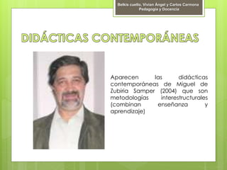 Aparecen las didácticas
contemporáneas de Miguel de
Zubiria Samper (2004) que son
metodologías interestructurales
(combinan enseñanza y
aprendizaje)
Belkis cuello, Vivian Ángel y Carlos Carmona
Pedagogía y Docencia
 
