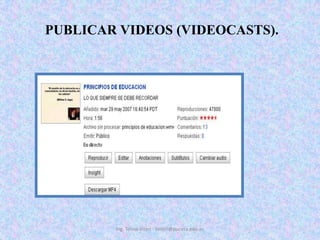  PUBLICAR VIDEOS (VIDEOCASTS). <br />Ing. Telmo Viteri - tviteri@pucesa.edu.ec<br />