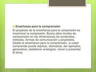  Enseñanza para la comprensión
El propósito de la enseñanza para la compresión es
maximizar la compresión. Busca altos niveles de
comprensión en las dimensiones de contenidos,
métodos, formas de comunicación y propósitos.
Desde la enseñanza para la comprensión, si usted
comprende puede explicar, demostrar, dar ejemplos,
generalizar, establecer analogías, volver a presentar
el tema.
 