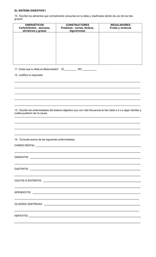 EL SISTEMA DIGESTIVO I
10. Escribe los alimentos que normalmente consumes en tu dieta y clasifícalos dentro de uno de los tres
grupos:
ENERGÉTICOS
Carbohidratos: azúcares,
almidones y grasas
CONSTRUCTORES
Proteínas: carnes, lácteos,
leguminosas
REGULADORES
Frutas y verduras
11. Crees que tu dieta es Balanceada? SÍ_________ NO __________
12. Justifica tu respuesta
_________________________________________________________________________________________
_________________________________________________________________________________________
_________________________________________________________________________________________
_________________________________________________________________________________________
_________________________________________________________________________________________
13. Escribe las enfermedades del sistema digestivo que con más frecuencia te han dado a ti o a algún familiar y
cuáles pudieron ser la causa.
_________________________________________________________________________________________
_________________________________________________________________________________________
_________________________________________________________________________________________
_________________________________________________________________________________________
14. Consulta acerca de las siguientes enfermedades:
CARIES DENTAL: __________________________________________________________________________
_________________________________________________________________________________________
GINGIVITIS: ______________________________________________________________________________
_________________________________________________________________________________________
GASTRITIS: ______________________________________________________________________________
_________________________________________________________________________________________
COLITIS O ENTERITIS: _____________________________________________________________________
_________________________________________________________________________________________
APENDICITIS: ____________________________________________________________________________
________________________________________________________________________________________
ÚLCERAS GÁSTRICAS: ____________________________________________________________________
________________________________________________________________________________________
HEPATITIS: _______________________________________________________________________________
_________________________________________________________________________________________
 