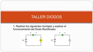 1. Realizar los siguientes montajes y explicar el
funcionamiento del Diodo Rectificador.
TALLER DIODOS
 