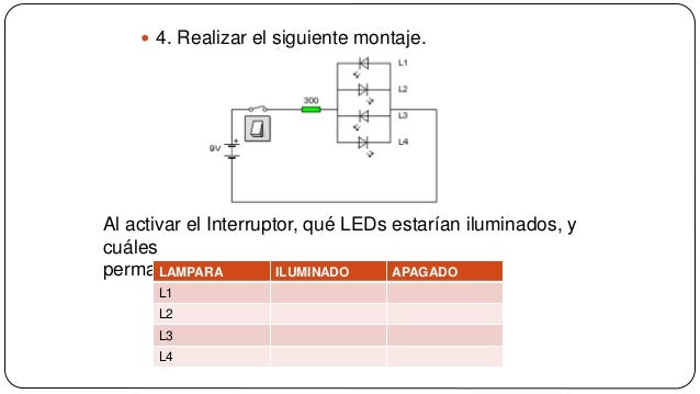  4. Realizar el siguiente montaje.
Al activar el Interruptor, qué LEDs estarían iluminados, y
cuáles
permanecerían apagad...