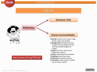 Diseño Web Responsivo



                                                                           CSS v3

                                                                                           Mantener CSS2


                                                   Módulos

                                                                                    Nuevas funcionalidades
                                                                                   Bordes: border-color, border-image,
                                                                                    border-radius, box-shadow.
                                                                                   Backgrounds: background-origin,
                                                                                    background-clip, background-size,
                                                                                    layering multiple background
                                                                                    images.
                                                                                   Color: HSL colors, HSLA colors,
                                                                                    RGBA colors opacity.
                                                                                   Texto: text-shadow, text-overflow.
                                                                                   Interface: box-sizing, resize.
                         http://www.w3.org/TR/CSS/                                 Selectores: attribute selectors.
                                                                                   Formatos: media queries, multiple
                                                                                    column layout, speech.




Copyleft 2012 - Miguel Tuyaré   – http://www.migueltuyare.com.ar
 