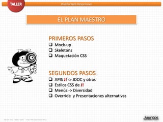 Diseño Web Responsivo




                                                                        EL PLAN MAESTRO

                                                                   PRIMEROS PASOS
                                                                    Mock-up
                                                                    Skeletons
                                                                    Maquetación CSS


                                                                   SEGUNDOS PASOS
                                                                      APIS J! -> JDOC y otras
                                                                      Estilos CSS de J!
                                                                      Menús -> Diversidad
                                                                      Override y Presentaciones alternativas




Copyleft 2012 - Miguel Tuyaré   – http://www.migueltuyare.com.ar
 