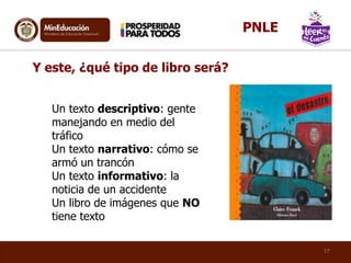 Un texto descriptivo: gente
manejando en medio del
tráfico
Un texto narrativo: cómo se
armó un trancón
Un texto informativo: la
noticia de un accidente
Un libro de imágenes que NO
tiene texto
Y este, ¿qué tipo de libro será?
17
PNLE
 