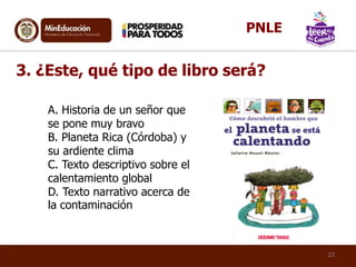 A. Historia de un señor que
se pone muy bravo
B. Planeta Rica (Córdoba) y
su ardiente clima
C. Texto descriptivo sobre el
calentamiento global
D. Texto narrativo acerca de
la contaminación
3. ¿Este, qué tipo de libro será?
23
PNLE
 
