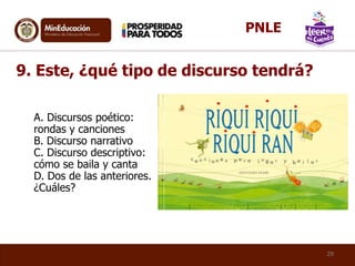A. Discursos poético:
rondas y canciones
B. Discurso narrativo
C. Discurso descriptivo:
cómo se baila y canta
D. Dos de las anteriores.
¿Cuáles?
9. Este, ¿qué tipo de discurso tendrá?
29
PNLE
 