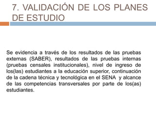 7. VALIDACIÓN DE LOS PLANES
DE ESTUDIO

Se evidencia a través de los resultados de las pruebas
externas (SABER), resultados de las pruebas internas
(pruebas censales institucionales), nivel de ingreso de
los(las) estudiantes a la educación superior, continuación
de la cadena técnica y tecnológica en el SENA y alcance
de las competencias transversales por parte de los(as)
estudiantes.

 