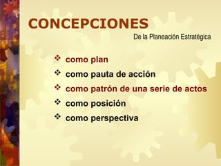 CONCEPCIONES
 como plan
 como pauta de acción
 como patrón de una serie de actos
 como posición
 como perspectiva
De la Planeación Estratégica
 