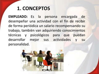 1. CONCEPTOS
EMPLEADO: Es la persona encargada de
desempeñar una actividad con el fin de recibir
de forma periódica un salario recompensando su
trabajo, también van adquiriendo conocimientos
técnicas y psicológicos para que puedan
desarrollar mejor sus actividades y su
personalidad.
 