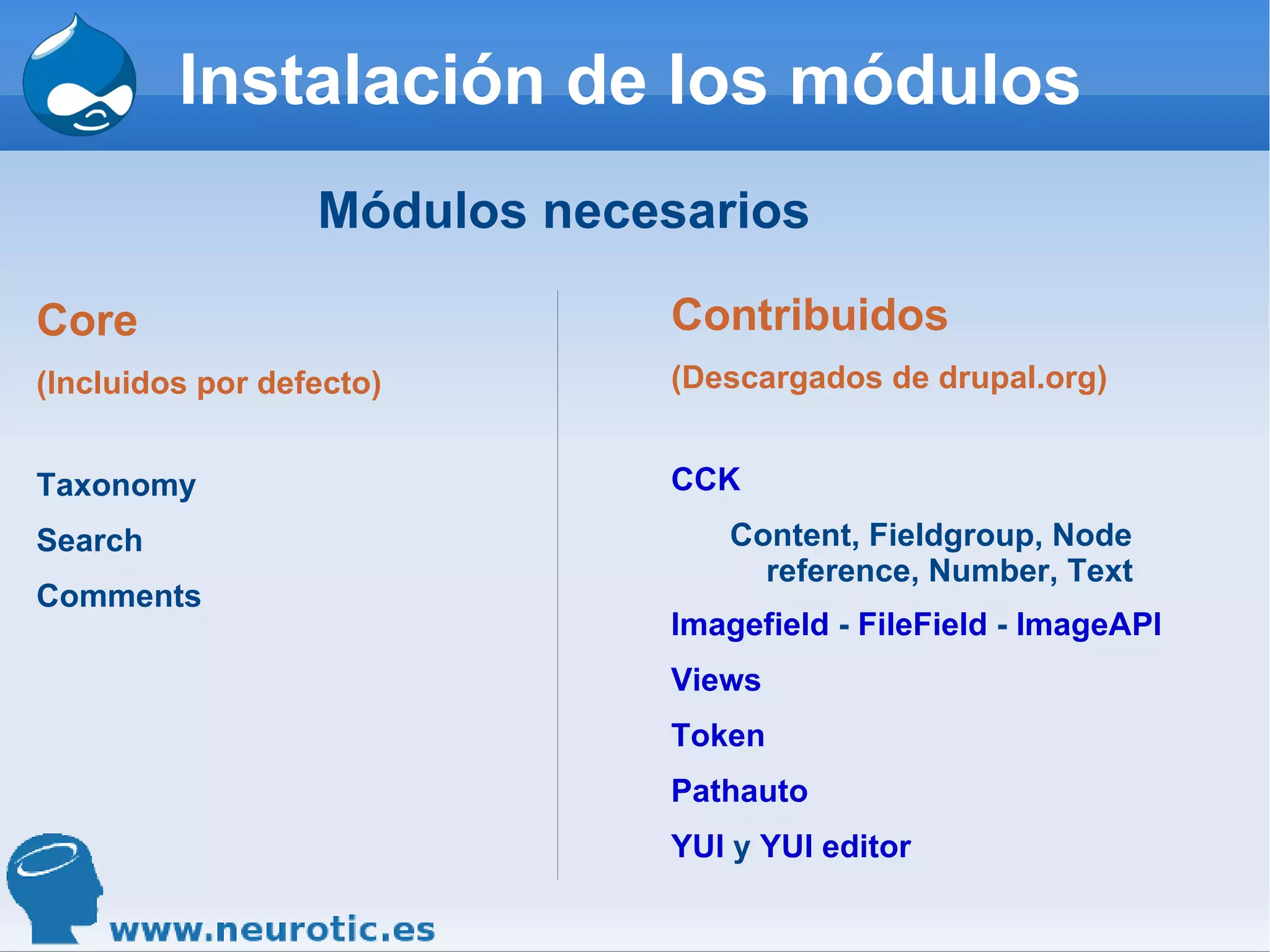 Instalación de los módulos Módulos necesarios Core (Incluidos por defecto) Taxonomy Search Comments Contribuidos (Descargados de drupal.org) CCK   Content, Fieldgroup, Node reference, Number, Text Imagefield  -  FileField  -  ImageAPI Views Token Pathauto YUI  y  YUI editor 