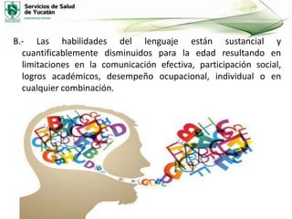 B.- Las habilidades del lenguaje están sustancial y
cuantificablemente disminuidos para la edad resultando en
limitaciones en la comunicación efectiva, participación social,
logros académicos, desempeño ocupacional, individual o en
cualquier combinación.

 