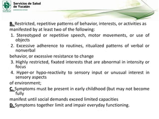 B. Restricted, repetitive patterns of behavior, interests, or activities as
manifested by at least two of the following:
1. Stereotyped or repetitive speech, motor movements, or use of
objects
2. Excessive adherence to routines, ritualized patterns of verbal or
nonverbal
behavior, or excessive resistance to change
3. Highly restricted, fixated interests that are abnormal in intensity or
focus
4. Hyper-or hypo-reactivity to sensory input or unusual interest in
sensory aspects
of environment;
C. Symptoms must be present in early childhood (but may not become
fully
manifest until social demands exceed limited capacities
D. Symptoms together limit and impair everyday functioning.

 