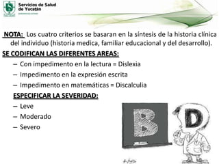 NOTA: Los cuatro criterios se basaran en la síntesis de la historia clínica
del individuo (historia medica, familiar educacional y del desarrollo).
SE CODIFICAN LAS DIFERENTES AREAS:
– Con impedimento en la lectura = Dislexia
– Impedimento en la expresión escrita
– Impedimento en matemáticas = Discalculia
ESPECIFICAR LA SEVERIDAD:
– Leve
– Moderado
– Severo

 