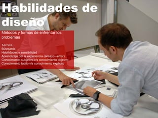 Habilidades de
diseño
Métodos y formas de enfrentar los
problemas
Técnica
Búsqueda
Habilidades y sensibilidad
Aprendizaje por la experiencia (ensayo –error)
Conocimiento subjetivo v/s conocimiento objetivo
Conocimiento tácito v/s conocimiento explicito
 