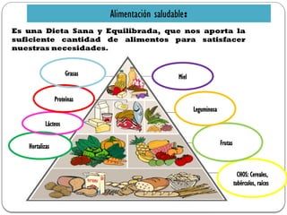 Alimentación saludable:
CHOS: Cereales,
tubérculos, raíces
Frutas
Hortalizas
Leguminosa
Lácteos
Proteínas
Grasas Miel
Es una Dieta Sana y Equilibrada, que nos aporta la
suficiente cantidad de alimentos para satisfacer
nuestras necesidades.
 