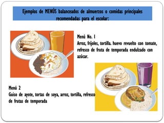 Ejemplos de MENÚS balanceados de almuerzos o comidas principales
recomendadas para el escolar:
Menú No. 1
Arroz, frijoles, tortilla. huevo revuelto con tomate,
refresco de fruta de temporada endulzado con
azúcar.
Menú 2
Guiso de ayote, tortas de soya, arroz, tortilla, refresco
de frutas de temporada
 