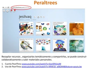 Peraltrees
Recopilar recursos , organizarlos temáticamente y compartirlos, se puede construir
colaborativamente y subir materiales personales.
1. Cuenta PearlTress www.youtube.com/watch?v=GveSfHj1ejM
2. Uso de PearlTress www.youtube.com/watch?v=XRW18_wBGM4&feature=youtu.be
 