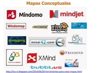 Mapas Conceptuales
http://tics-ti.blogspot.com/2014/06/20-herramientas-para-crear-mapas.html
 