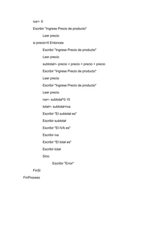 iva<- 0
Escribir "Ingrese Precio de producto"
Leer precio
si precio>0 Entonces
Escribir "Ingrese Precio de producto"
Leer precio
subtotal<- precio + precio + precio + precio
Escribir "Ingrese Precio de producto"
Leer precio
Escribir "Ingrese Precio de producto"
Leer precio
iva<- subtotal*0.15
total<- subtotal+iva
Escribir "El subtotal es"
Escribir subtotal
Escribir "El IVA es"
Escribir iva
Escribir "El total es"
Escribir total
Sino
Escribir "Error"
FinSi
FinProceso

 