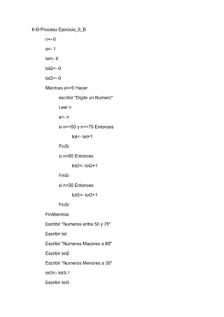 6-B-Proceso Ejercicio_6_B
n<- 0
a<- 1
tot<- 0
tot2<- 0
tot3<- 0
Mientras a<>0 Hacer
escribir "Digite un Numero"
Leer n
a<- n
si n>=50 y n<=75 Entonces
tot<- tot+1
FinSi
si n>80 Entonces
tot2<- tot2+1
FinSi
si n<30 Entonces
tot3<- tot3+1
FinSi
FinMientras
Escribir "Numeros entre 50 y 75"
Escribir tot
Escribir "Numeros Mayores a 80"
Escribir tot2
Escribir "Numeros Menores a 30"
tot3<- tot3-1
Escribir tot3

 