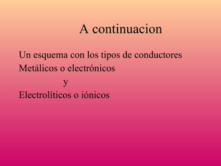 A continuacion  Un esquema con los tipos de conductores Metálicos o electrónicos  y Electrolíticos o iónicos 