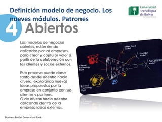 Los modelos de negocios
abiertos, están siendo
aplicados por las empresas
para crear y capturar valor a
partir de la colaboración con
los clientes y socios externos.
Este proceso puede darse
tanto desde adentro hacia
afuera, explorando nuevas
ideas propuestas por la
empresa en conjunto con sus
clientes y partners.
O de afuera hacia adentro
aplicando dentro de la
empresa ideas externas.
Business Model Generation Book.
4 Abiertos
Definición modelo de negocio. Los
nueves módulos. Patrones
 