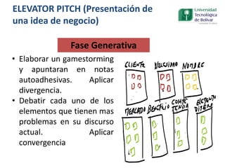 • Elaborar un gamestorming
y apuntaran en notas
autoadhesivas. Aplicar
divergencia.
• Debatir cada uno de los
elementos que tienen mas
problemas en su discurso
actual. Aplicar
convergencia
Fase Generativa
ELEVATOR PITCH (Presentación de
una idea de negocio)
 