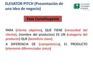 Fase Constituyente
PARA (cliente objetivo), QUE TIENE (necesidad del
cliente), (nombre del productos) ES UN (categoría del
producto) QUE (beneficio clave).
A DIFERENCIA DE (competencia), EL PRODUCTO
(elemento diferenciador único)
ELEVATOR PITCH (Presentación de
una idea de negocio)
 
