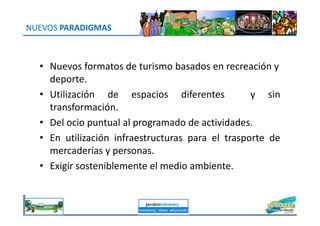 NUEVOS PARADIGMAS
• Nuevos formatos de turismo basados en recreación y
deporte.
• Utilización de espacios diferentes y sin
transformación.
• Del ocio puntual al programado de actividades.
• En utilización infraestructuras para el trasporte de
mercaderías y personas.
• Exigir sosteniblemente el medio ambiente.
jacoboMALOWANY
 