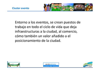 Cluster evento
Entorno a los eventos, se crean puestos de
trabajo en todo el ciclo de vida que deja
infraestructuras a la ciudad, al comercio,
cómo también un valor añadido a el
jacoboMALOWANY
cómo también un valor añadido a el
posicionamiento de la ciudad.
 