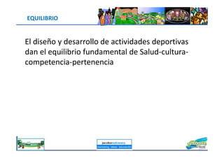 EQUILIBRIO
El diseño y desarrollo de actividades deportivas
dan el equilibrio fundamental de Salud-cultura-
competencia-pertenencia
jacoboMALOWANY
 