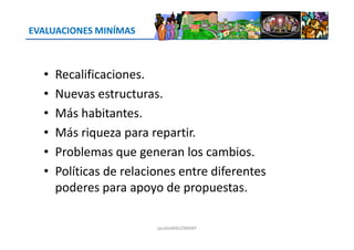 EVALUACIONES MINÍMAS
• Recalificaciones.
• Nuevas estructuras.
• Más habitantes.
• Más riqueza para repartir.• Más riqueza para repartir.
• Problemas que generan los cambios.
• Políticas de relaciones entre diferentes
poderes para apoyo de propuestas.
jacoboMALOWANY
 