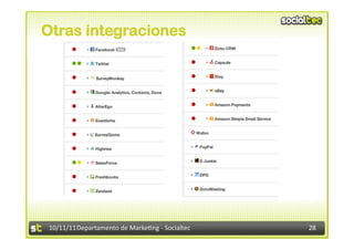 Otras integraciones




10/11/11	
  Departamento	
  de	
  Marke.ng	
  -­‐	
  Socialtec	
     28	
  
 