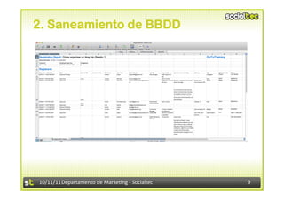 2. Saneamiento de BBDD




10/11/11	
  Departamento	
  de	
  Marke.ng	
  -­‐	
  Socialtec	
     9	
  
 