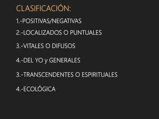 CLASIFICACIÓN:
1.-POSITIVAS/NEGATIVAS
2.-LOCALIZADOS O PUNTUALES
3.-VITALES O DIFUSOS
4.-DEL YO y GENERALES
3.-TRANSCENDENTES O ESPIRITUALES
4.-ECOLÓGICA
 