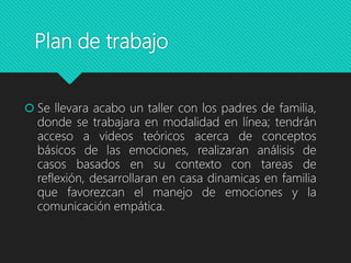 Plan de trabajo
 Se llevara acabo un taller con los padres de familia,
donde se trabajara en modalidad en línea; tendrán
acceso a videos teóricos acerca de conceptos
básicos de las emociones, realizaran análisis de
casos basados en su contexto con tareas de
reflexión, desarrollaran en casa dinamicas en familia
que favorezcan el manejo de emociones y la
comunicación empática.
 