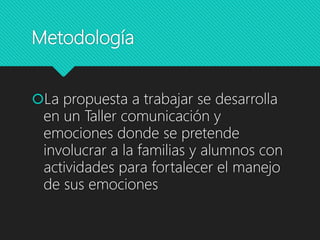 Metodología
La propuesta a trabajar se desarrolla
en un Taller comunicación y
emociones donde se pretende
involucrar a la familias y alumnos con
actividades para fortalecer el manejo
de sus emociones
 