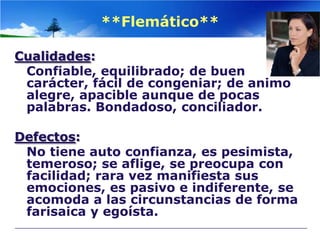 **Flemático**

Cualidades:
 Confiable, equilibrado; de buen
 carácter, fácil de congeniar; de animo
 alegre, apacible aunque de pocas
 palabras. Bondadoso, conciliador.

Defectos:
 No tiene auto confianza, es pesimista,
 temeroso; se aflige, se preocupa con
 facilidad; rara vez manifiesta sus
 emociones, es pasivo e indiferente, se
 acomoda a las circunstancias de forma
 farisaica y egoísta.
 