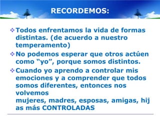 RECORDEMOS:

Todos enfrentamos la vida de formas
 distintas. (de acuerdo a nuestro
 temperamento)
No podemos esperar que otros actúen
 como “yo”, porque somos distintos.
Cuando yo aprendo a controlar mis
 emociones y a comprender que todos
 somos diferentes, entonces nos
 volvemos
 mujeres, madres, esposas, amigas, hij
 as más CONTROLADAS
 