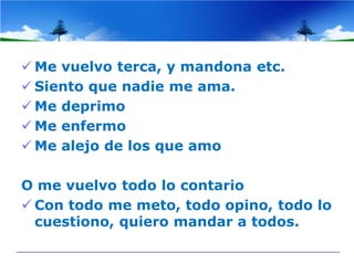  Me vuelvo terca, y mandona etc.
 Siento que nadie me ama.
 Me deprimo
 Me enfermo
 Me alejo de los que amo

O me vuelvo todo lo contario
 Con todo me meto, todo opino, todo lo
  cuestiono, quiero mandar a todos.
 