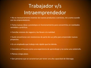 Trabajador v/s
                 Intraemprendedor
• No es necesariamente inventor de nuevos productos o servicios, tal y como sucede
con los emprendedores.

• Toma nuevas ideas y prototipos en funcionamiento para convertirlos en realidades
rentables y prácticas.

• Concibe visiones de negocio y las llevan a la realidad.

• Suele encontrarse con resistencias de parte de sus jefes para emprender nuevos
proyectos.

• Es un empleado que trabaja más rápido que los demás.

• Considera el fracaso como una experiencia de aprendizaje y no como una catástrofe.

• Piensa a largo plazo.

• Son personas que se caracterizan por tener una alta capacidad de liderazgo.
 