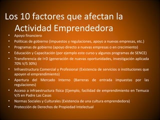 Los 10 factores que afectan la
  Actividad Emprendedora
•   Apoyo financiero
•   Políticas de gobierno (impuestos y regulaciones, apoyo a nuevas empresas, etc.)
•   Programas de gobierno (apoyo directo a nuevas empresas o en crecimiento)
•   Educación y Capacitación (por ejemplo este curso y algunos programas de SENCE)
•   Transferencia de I+D (generación de nuevas oportunidades, investigación aplicada
    70% V/S 30%)
•   Infraestructura Comercial y Profesional (Existencia de servicios o instituciones que
    apoyen el emprendimiento)
•   Apertura del Mercado Interno (Barreras de entrada impuestas por las
    regulaciones)
•   Acceso a infraestructura física (Ejemplo, facilidad de emprendimiento en Temuco
    V/S en Padre Las Casas
•   Normas Sociales y Culturales (Existencia de una cultura emprendedora)
•   Protección de Derechos de Propiedad Intelectual
 