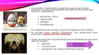 • La sociedad mediatizada nos expone y expone de manera
creciente a los niños ante grandes cantidad de información que
estrecha posibilidades :
✓ Recepción crítica
✓ Observación
✓ Reflexión
✓ Sensibilización
• La multiplicidad de mensajes presentan fragmentos de realidad.
• La escuela como espacio institucional: una oportunidad para
promover la significación de lo simbólico.
• Diseño de trayectos más pertinentes para el desarrollo de estructuras
afectivo sociales:
✓ Expresión
✓ Comunicación
✓ Apropiación de valores e identidad cultural
EXPRESIÓN CREATIVA
INTELIGENCIA
EMOCIONAL
 