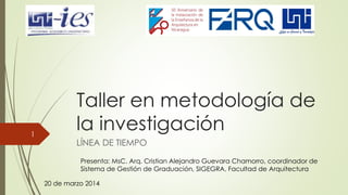 Taller en metodología de
la investigación
LÍNEA DE TIEMPO
Presenta: MsC. Arq. Cristian Alejandro Guevara Chamorro, coordin...