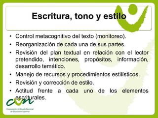 Escritura, tono y estilo

• Control metacognitivo del texto (monitoreo).
• Reorganización de cada una de sus partes.
• Revisión del plan textual en relación con el lector
  pretendido, intenciones, propósitos, información,
  desarrollo temático.
• Manejo de recursos y procedimientos estilísticos.
• Revisión y corrección de estilo.
• Actitud frente a cada uno de los elementos
  escriturales.
 