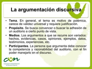 La argumentación discursiva

• Tema. En general, el tema es motivo de polémica,
  carece de validez universal y requiere justificación.
• Propósito. Se busca convencer o buscar la adhesión de
  un auditorio a cierto punto de vista.
• Medios. Los argumentos a que se recurre son variados:
  hechos, evidencias, casos, opiniones, ejemplos, datos,
  testimonios, experiencias, etc.
• Participantes. La persona que argumenta debe conocer
  la competencia y razonabilidad del auditorio, con el fin
  poder manejarlo en el discurso.
 
