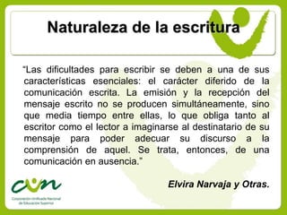Naturaleza de la escritura

“Las dificultades para escribir se deben a una de sus
características esenciales: el carácter diferido de la
comunicación escrita. La emisión y la recepción del
mensaje escrito no se producen simultáneamente, sino
que media tiempo entre ellas, lo que obliga tanto al
escritor como el lector a imaginarse al destinatario de su
mensaje para poder adecuar su discurso a la
comprensión de aquel. Se trata, entonces, de una
comunicación en ausencia.”

                                  Elvira Narvaja y Otras.
 