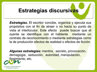 Estrategias discursivas

Estrategias. El escritor concibe, organiza y ejecuta sus
propósitos con el fin de atraer o no hacia su punto de
vista al interlocutor. Este efecto puede buscar que el
oyente se identifique con el hablante mediante un
contrato de reconocimiento o mediante estrategias como
la de producción efectos de realidad o efectos de ficción.

Algunas estrategias: mentira, secreto, provocación,
demagogia, seducción, autoridad, manipulación,
fingimiento, etc.
 